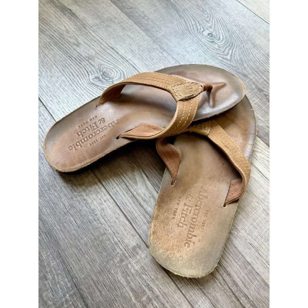 Abercrombie & Fitch Mens Leather Arch Support Flip Flop Sandals Tan